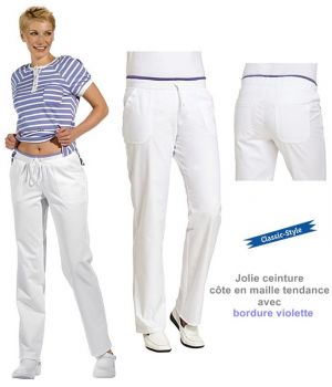 Pantalon blanc femme, Jolie ceinture côte en maille tendance