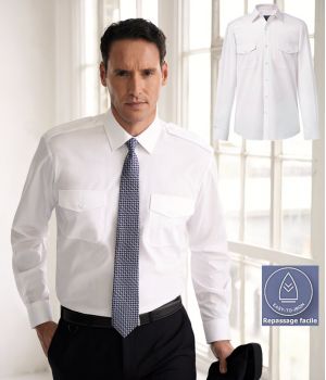 Chemise Homme Blanche Manches longues, Épaulettes, 2 poches avan