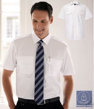 Chemise Homme Blanche Manches courtes, Épaulettes, 2 poches avan