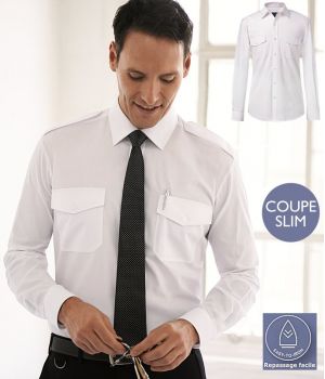 Chemise Homme, Épaulettes, Coupe Slim, Blanche, Manches longues