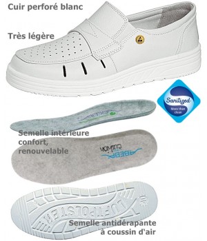 Chaussures de travail, Dessus cuir perforé et doublure cuir, Semelle coussin d'air, Blanc