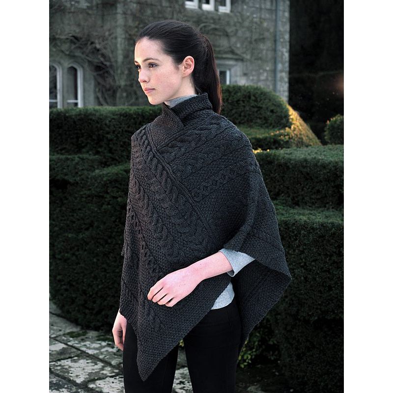 Châle Poncho Femme En 100% Laine Mérinos - Avec Pompons, Taille Unique - Couleur Beige Pour Automne/hiver