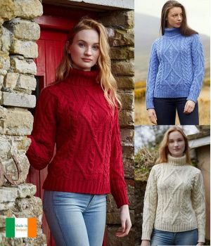 Pull Irlandais, femme, col roulé, laine Merino