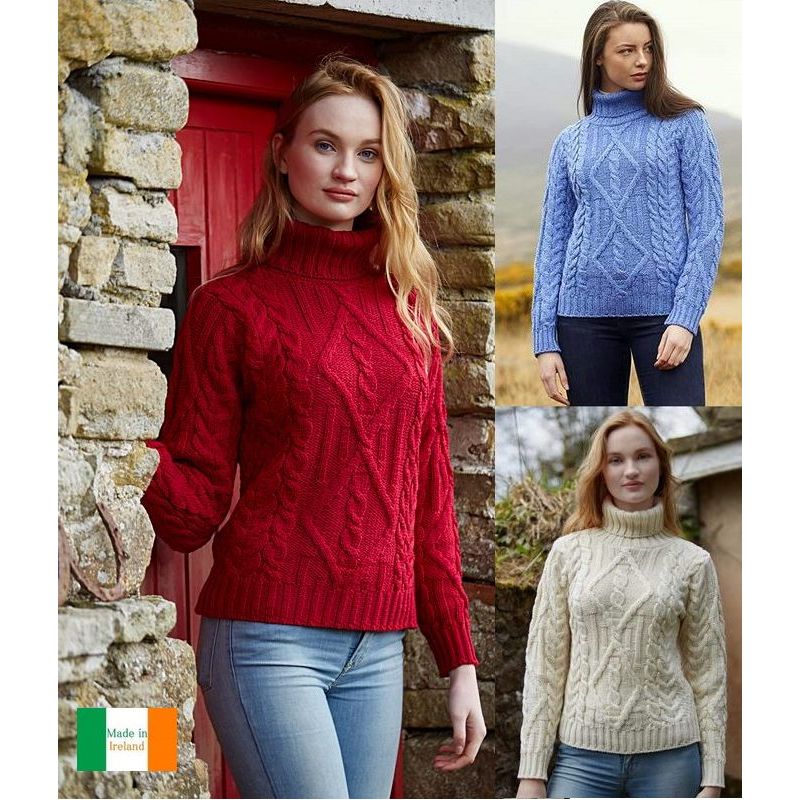 Pull Irlandais, femme, col roulé, laine Merino