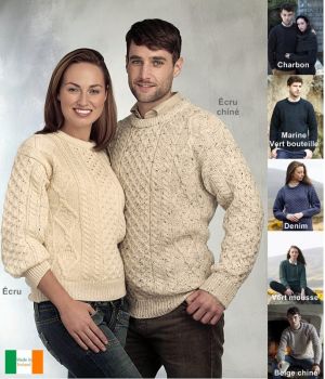Pullover Irlandais, ras de cou, 100% pure laine vierge, pour homme et femme