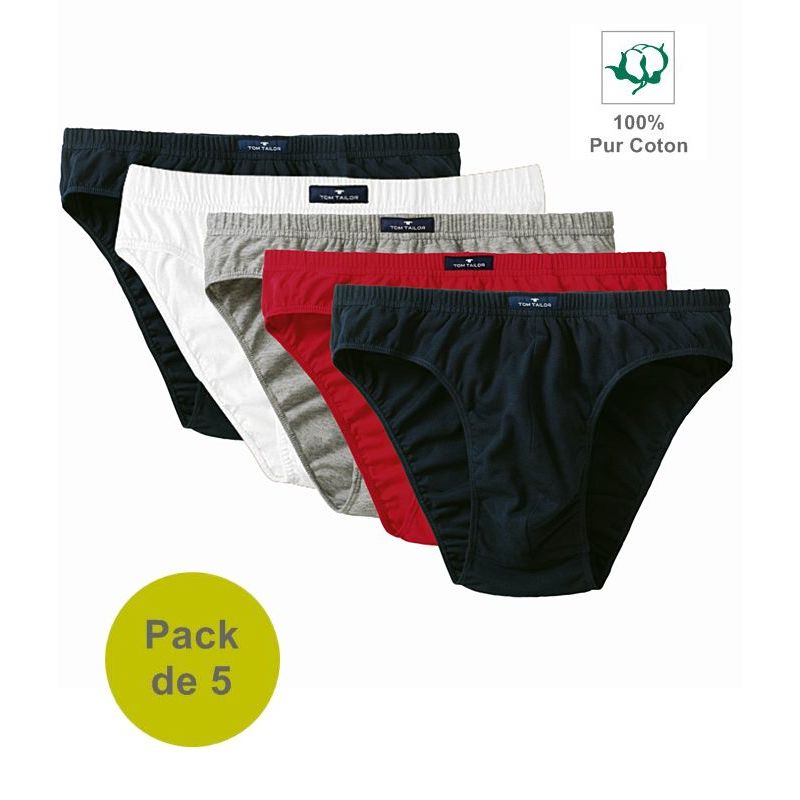 Slip Homme Coton, Marine, Blanc, Gris, Rouge, Coton Doux, Pack de 5