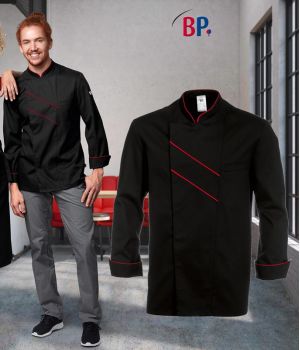 Veste de cuisine grand Chef, Noir avec passepoil et rayures Rouge