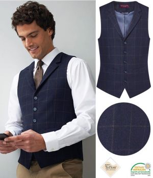 Gilet Tweed Homme, 5 boutons, Poches Passepoilées, Marine à carreau