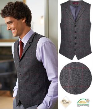 Gilet Tweed Homme, Poches Passepoilées, Anthracite et Rose à carreau