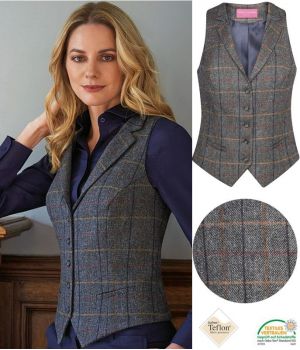 Gilet Tweed Femme, poches avant passepoilées, Gris et Marron à carreau