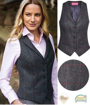 Gilet Tweed Femme, poches avant passepoilées, Anthracite et Rose à carreau