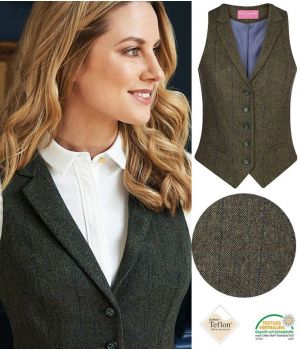 Gilet Tweed Femme, Poches avant passepoilées, Vert et bleu à carreau