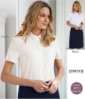 Chemisier Chic Femme, Crêpe de Chine, Manches courtes, Col avec Bouton