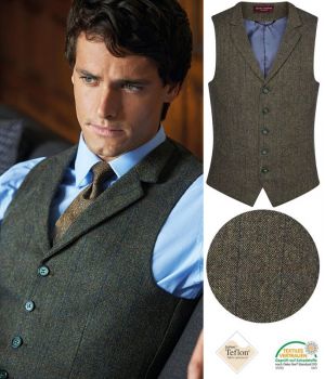 Gilet Tweed Homme, Poches Passepoilées, Vert et Bleu à carreau