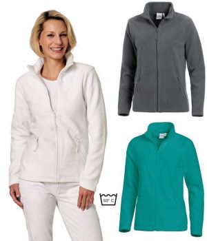 Veste polaire femme avec grosse fermeture coloris gris nuancé blanc et bleu  dénim