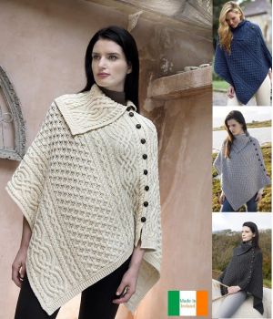 Poncho Irlandais, Cape avec Col et boutons, 100% Laine Mérinos