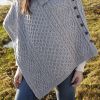 Poncho Irlandais, Cape avec Col et boutons, 100% Laine Mérinos, Gris clair