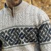 Pullover Irlandais, Design Celtique sur poitrine et manches, Beige chiné