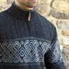 Pullover Irlandais Homme, Col avec zip, tirette en cuir, Charbon