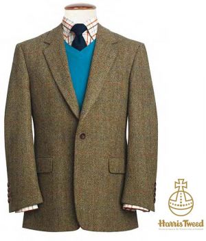 Veste Harris Tweed, Vert Olive chevrons, carreaux Orange, Marine, Rouge