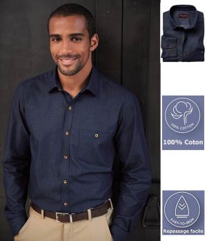 Chemise Homme, Coupe Ajustée, Poche Poitrine Boutonnée, Bleu Denim