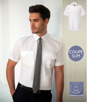 Chemise Homme, Épaulettes, Coupe Slim, Blanche, Manches Courtes