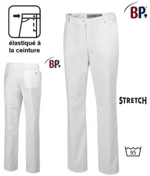 Pantalon Blanc Femme Polyester Coton Stretch, Elastiqué à la Ceinture