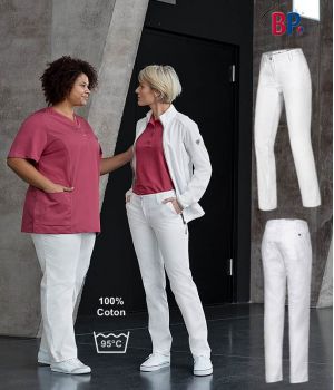Pantalon Chino Femme, Blanc, 100% Coton, Coupe Seyante