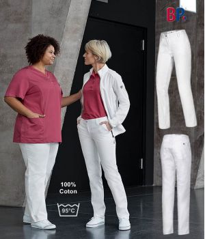 Pantalon de cuisine blanc élastique pas cher - 100% coton - chlorable