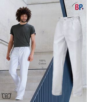 Pantalon Blanc Homme, 100% Coton, Peut Bouillir, Pinces