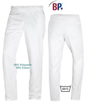 Pantalon Blanc Femme et Homme Polyester Coton, Taille Elastiquée