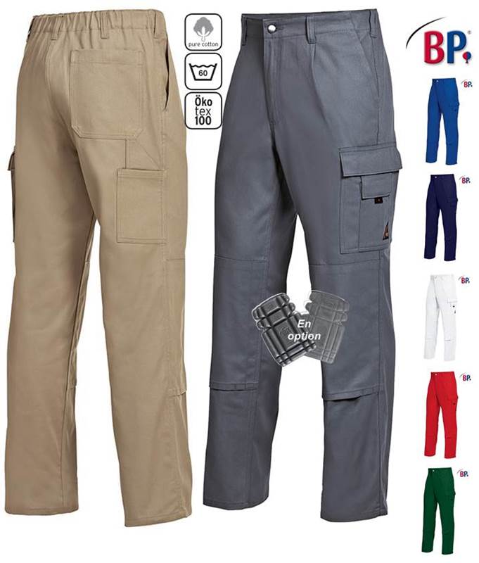 Pantalon de travail homme, 100% coton, irrétrécissable, élastique au dos