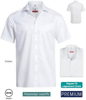 Chemise Manches Courtes Blanc, Coupe Regular Fit, Coton et Stretch