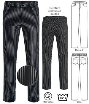 Pantalon de Cuisine et Service, Rayé Noir et Blanc, Coton, Peut Bouillir