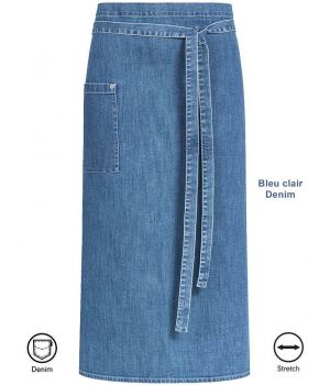 Tablier Bistro Bleu clair Denim, Coutures Contrastées et Rivets, Coton Stretch