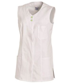 Blouse de Travail Femme Sans Manches, Boutons verts, taille 44.