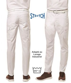 Pantalon Blanc Cargo Homme, Tissu Stretch Confort, Peut Bouillir
