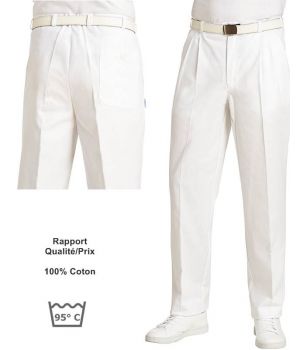 Pantalon Homme Blanc, 100% Coton Serrgé, Peut Bouillir, Coupe Confort