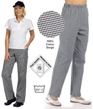 Pantalon de cuisine femme ou homme, ceinture élastiquée, pied de poule noir blanc