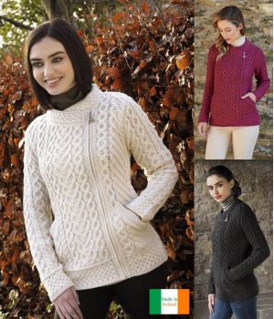 Splendide Cardigan Irlandais, Motif Torsade et Coeur, Zip à Croix Celtique