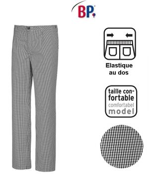 Pantalon Cuisine Pied de Poule Noir-Blanc, Taille élastiquée au dos