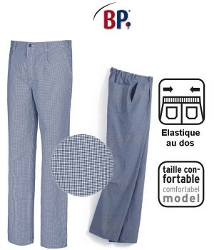 Pantalon Cuisine Homme, Pied de Poule Bleu-Blanc Elastique au Dos