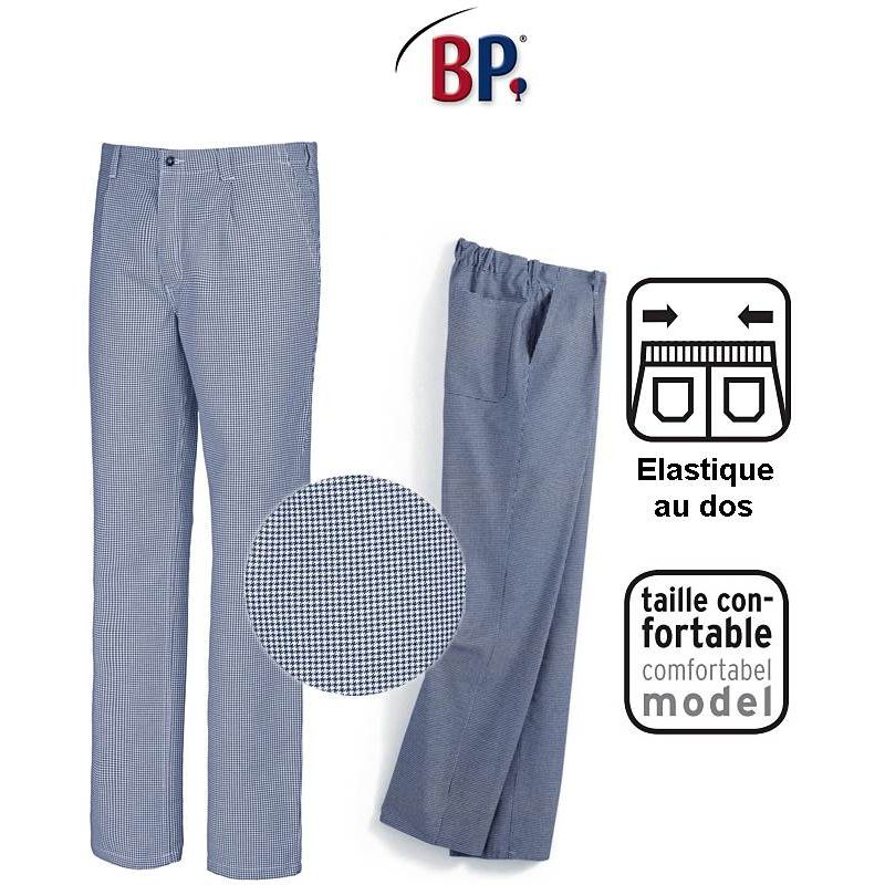 Pantalon Cuisine Homme, Pied de Poule Bleu-Blanc Elastique au Dos