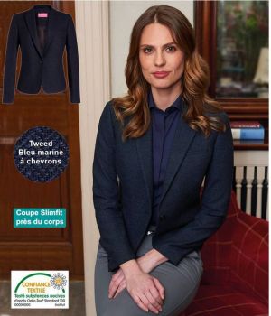 Veste Tweed Femme, Coupe Slim, Bleu Marine à Chevrons