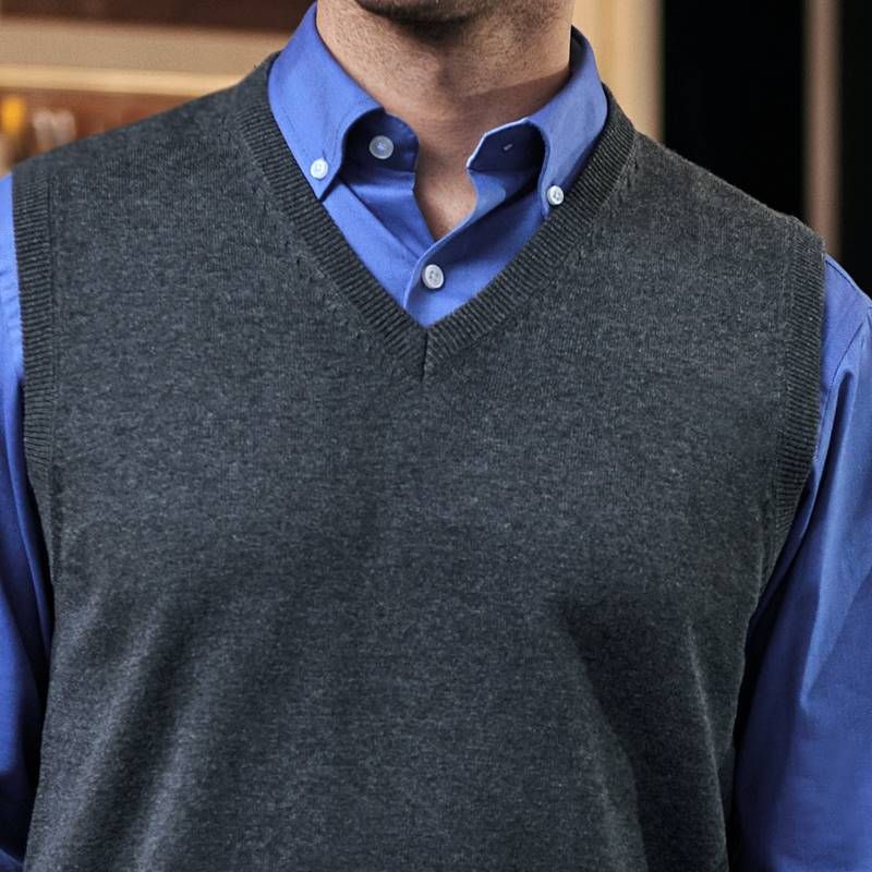 Pullover Homme, Col en V, Col et bordures côtelées, Coton et acrylique