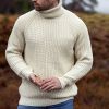 Pull Homme à Col Roulé Irlandais, Pure Laine Vierge, Ecru