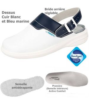Sabots de travail confort, élégants et fonctionnels, Cuir Blanc et Marine