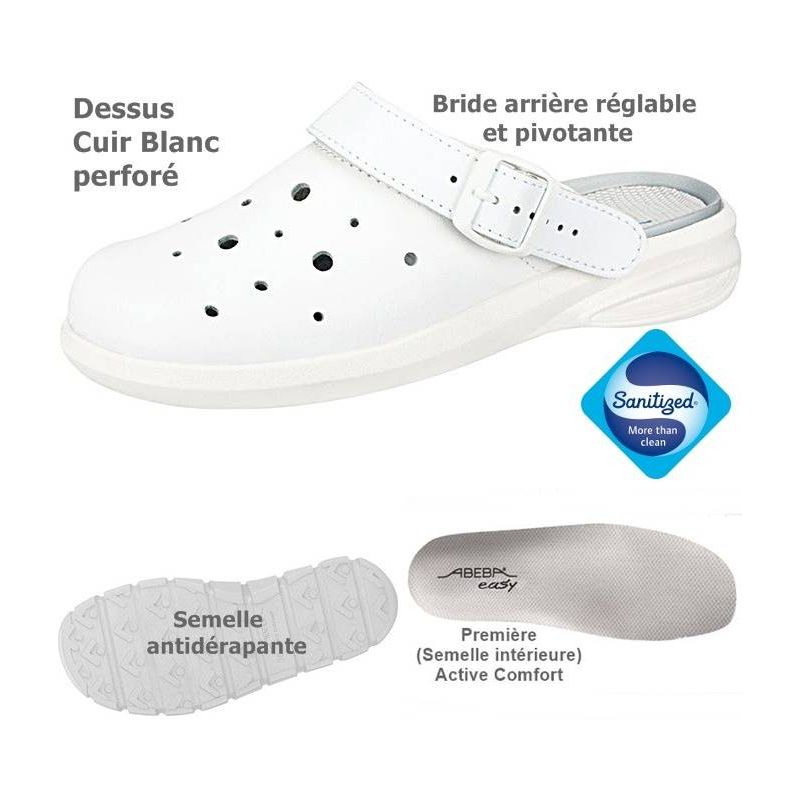 Sabot anatomique d'infirmière chaussure boucle pour travail cuir blanc 23818 