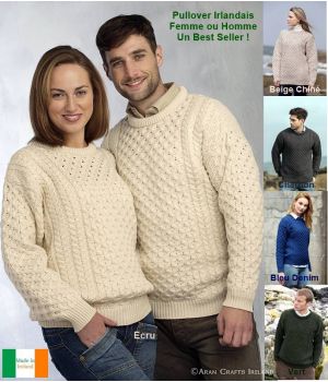 Pullover Irlandais pour femme ou homme, Ras de cou, Laine Mérinos