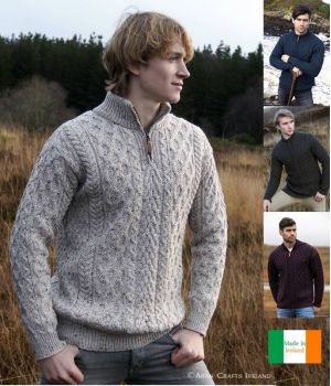 Pullover Irlandais pour homme, Fermeture zip, 100% Laine Mérinos